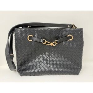 Black Woven Faux Leather Satchel Crossbody Handbag Gold Hardware